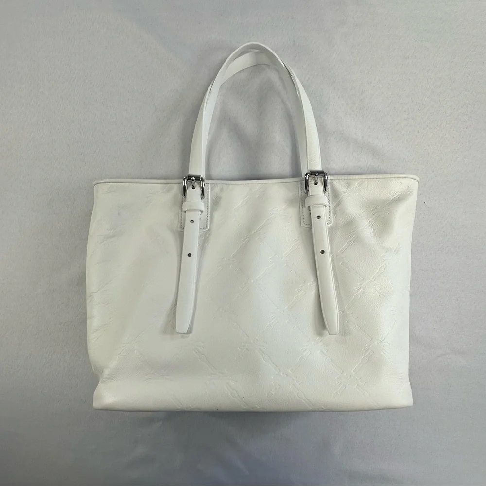 Longchamp • LM Cuir Embossed Logo Metal Luggage Tag White Double Shoulder RARE - Picture 4 of 14